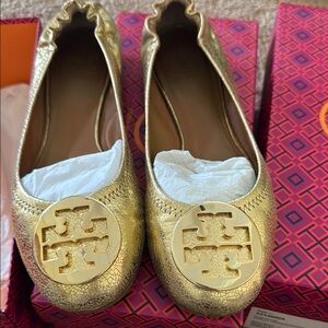 Tory Burch Gold Leather Flats with Logo Medallion